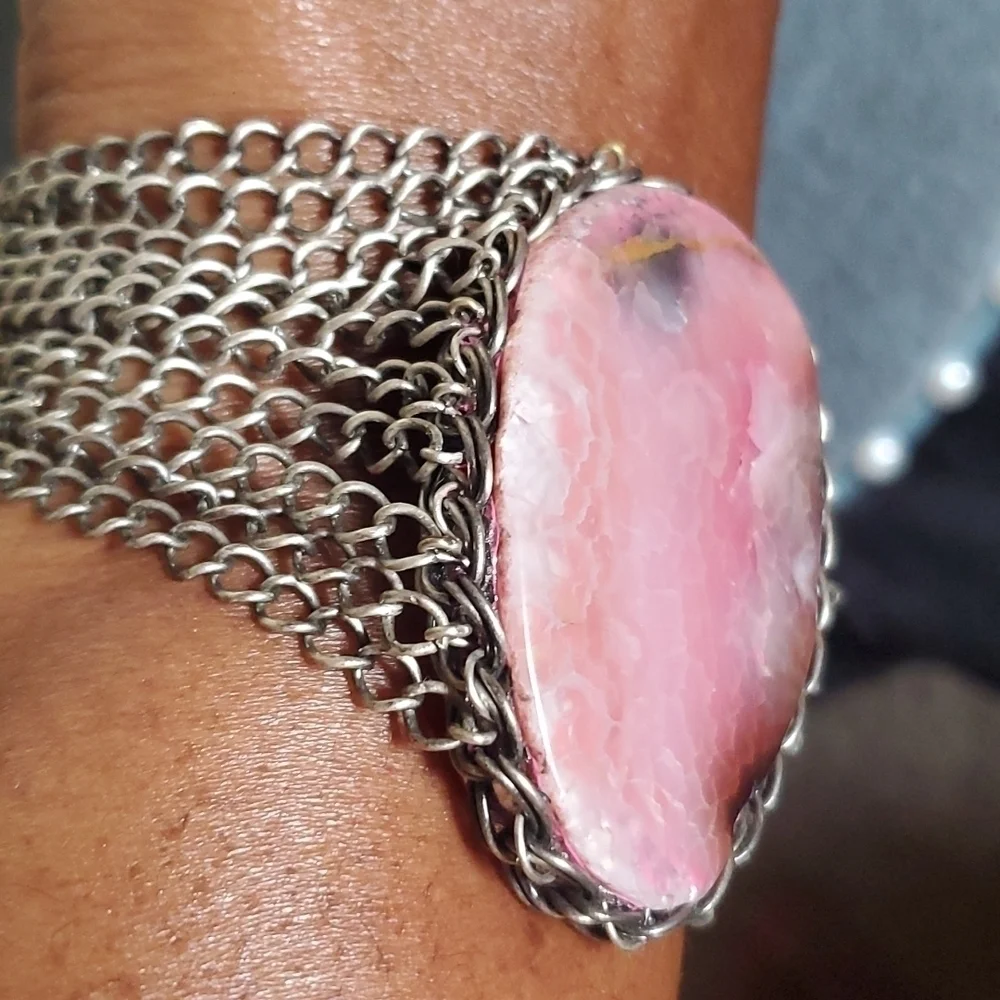 Rose Quartz Silver Stainless Steel Toggle Bracelet